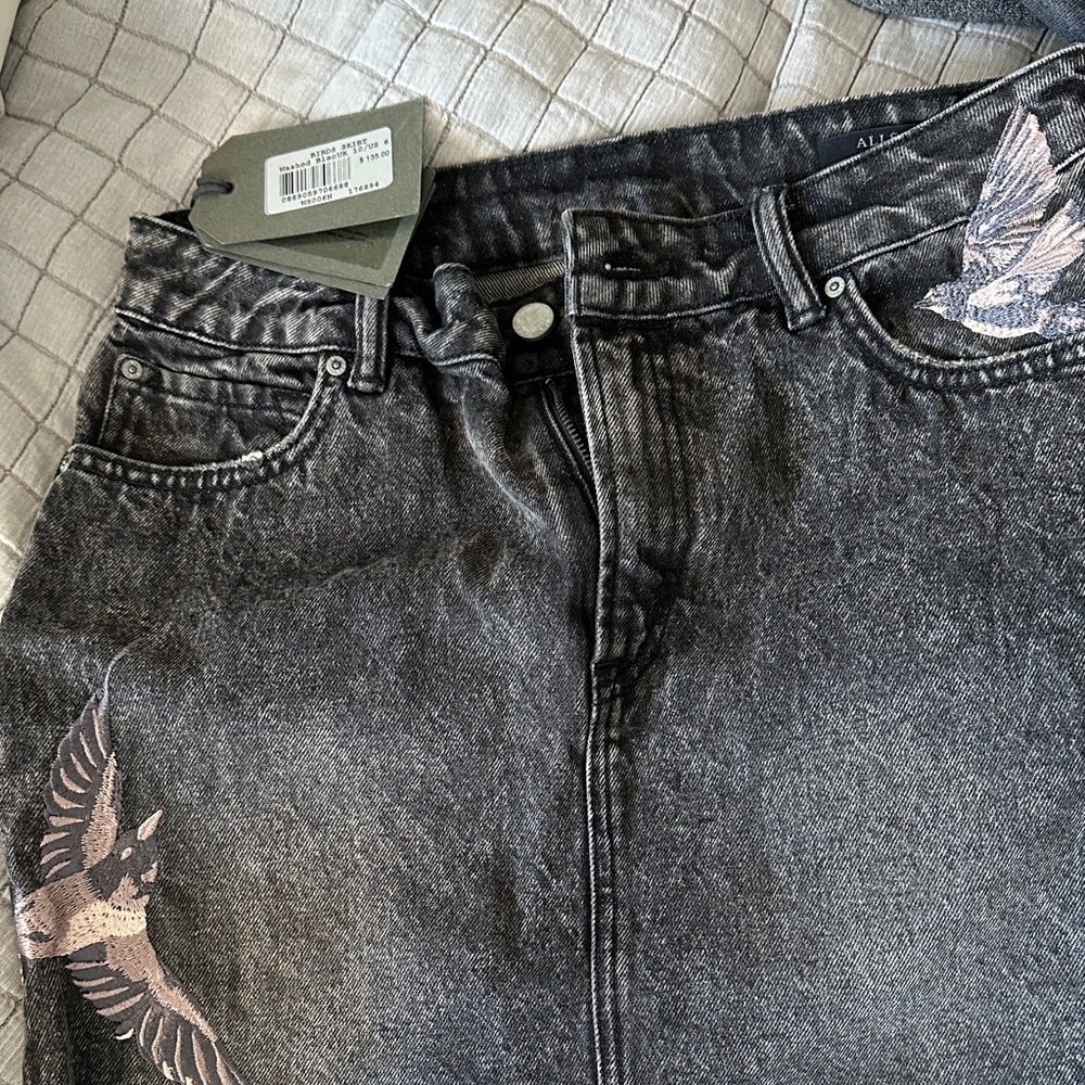 All Saints Black Mini Skirt with Bird Design